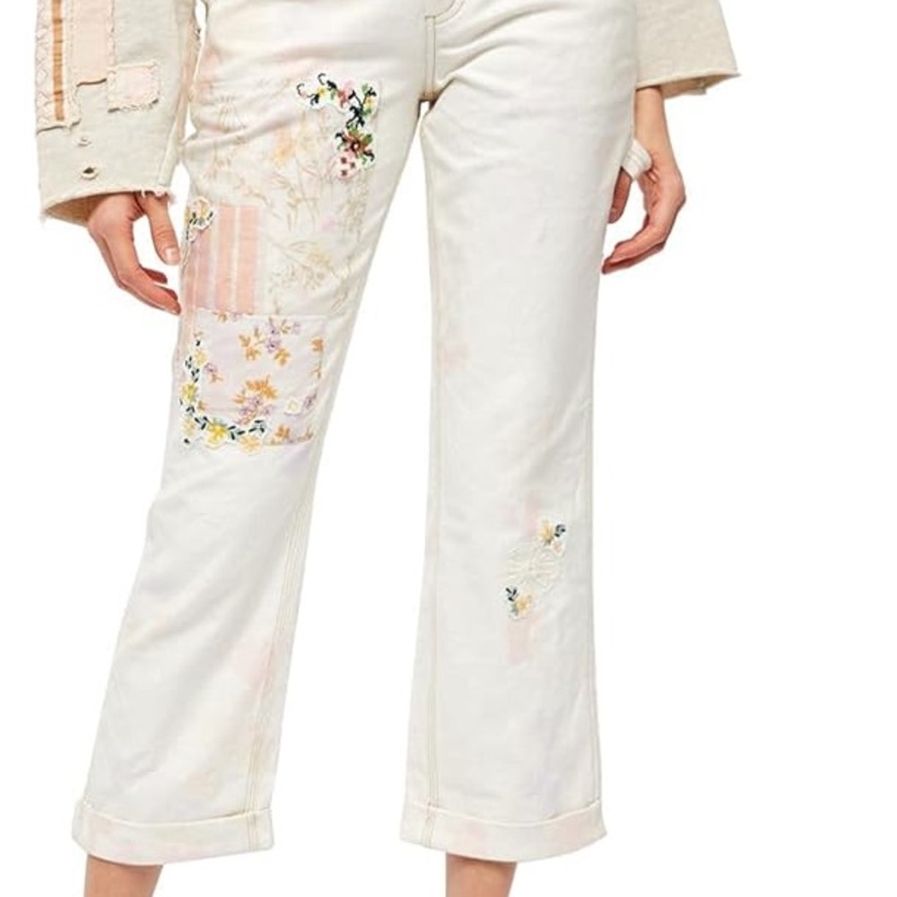 Free People White Cropped Jeans with Floral Accents